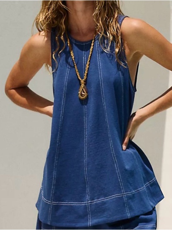 Free People Tops - Free People Indigo Blue Contrast-Stitch Tank